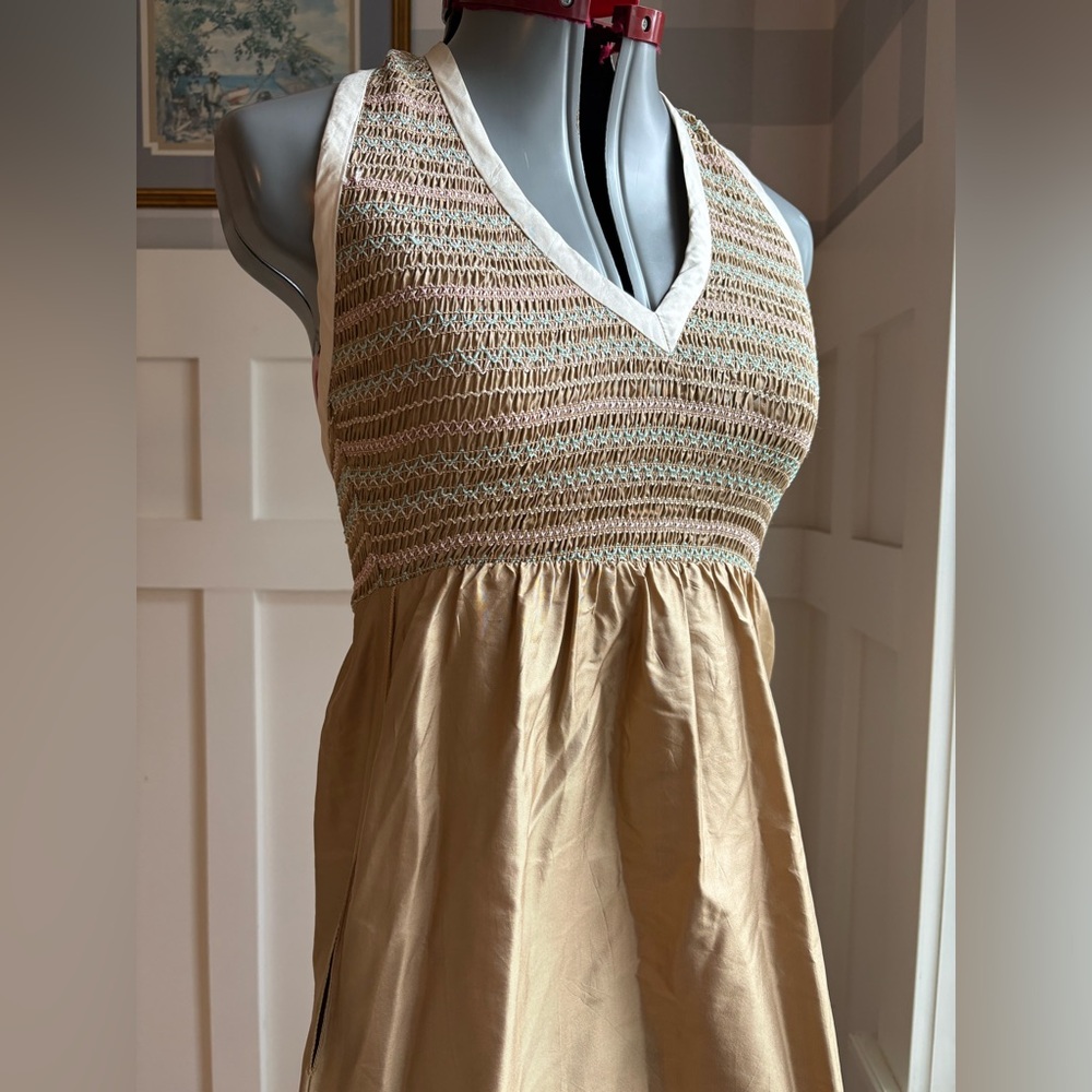 Vintage Cynthia Rowley Silk Tan and White Halter Dress Size 0 Vintage Designer - Picture 3 of 10
